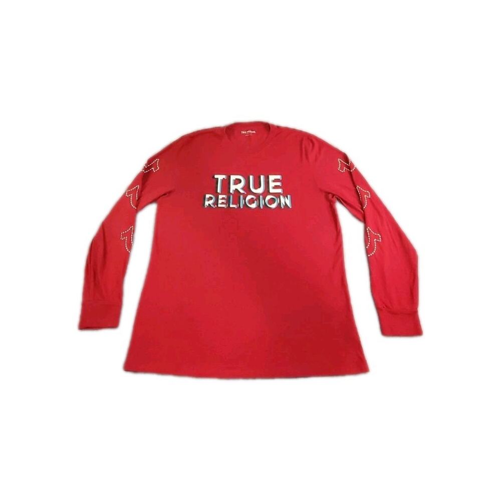 True Religion Men Sz 2XL T-Shirt Long Sleeve Tee Red Graphic Crewneck C8-122